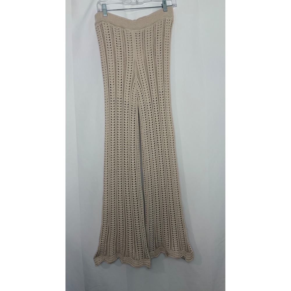 Solitaire Womens Beige Open Knit Crochet Wide Leg Pants Scalloped Hem NWT Medium